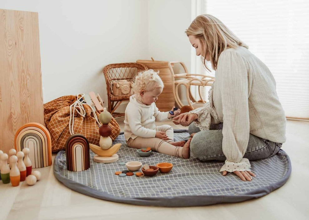 Play & Go opbergzak en speelkleed organic grid blue