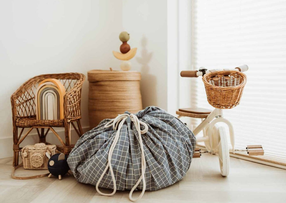 Play & Go opbergzak en speelkleed organic grid blue