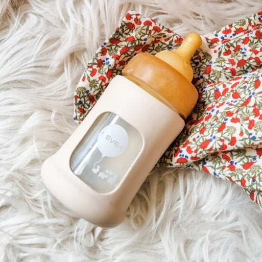 HEVEA glazen fles brede hals sand 150 ml 0 mnd+