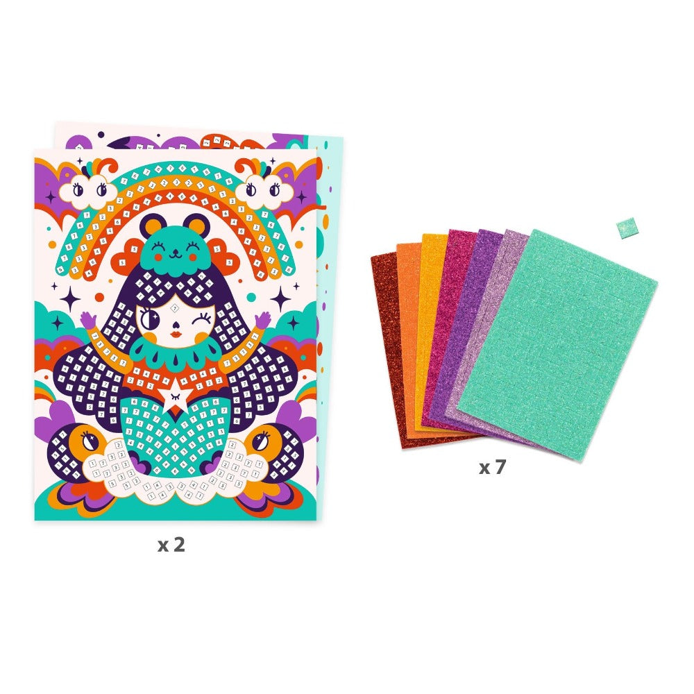 DJECO glitter mozaiek kokeshi 5 jr+ foam stickers, kartonnen prent