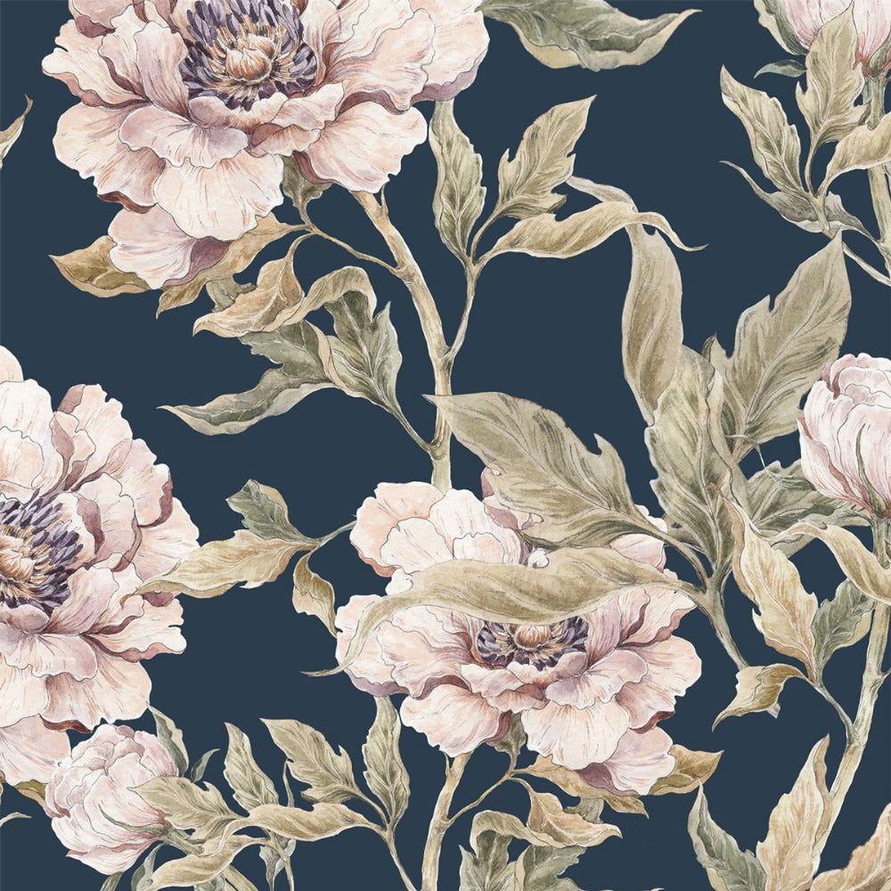 Dekornik behang sample Peonies navy blue
