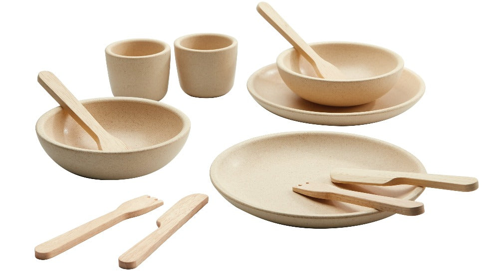 Plan Toys kinderservies + bestek naturel 2 jr+